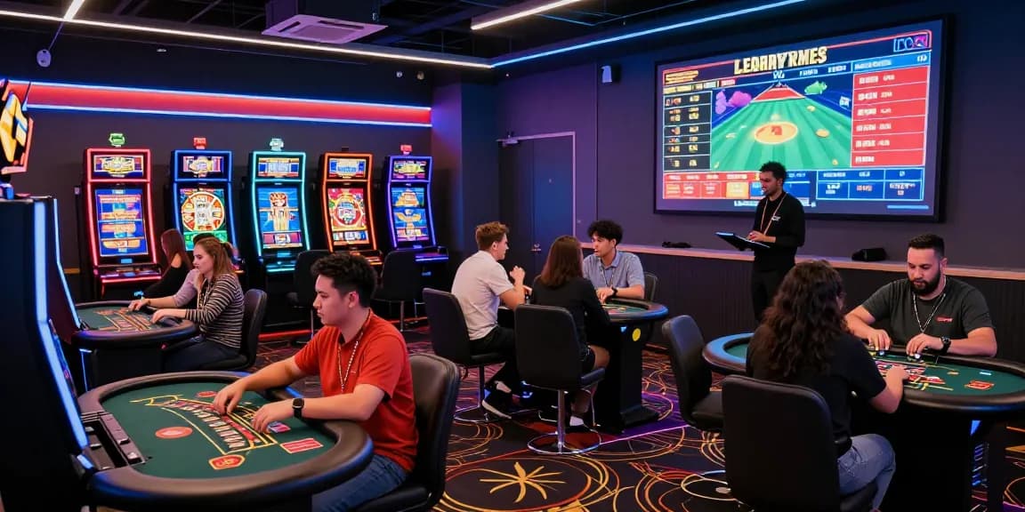 Mb66 casino patrons enjoying games in a lively gaming lounge with neon lights and live interactions.
